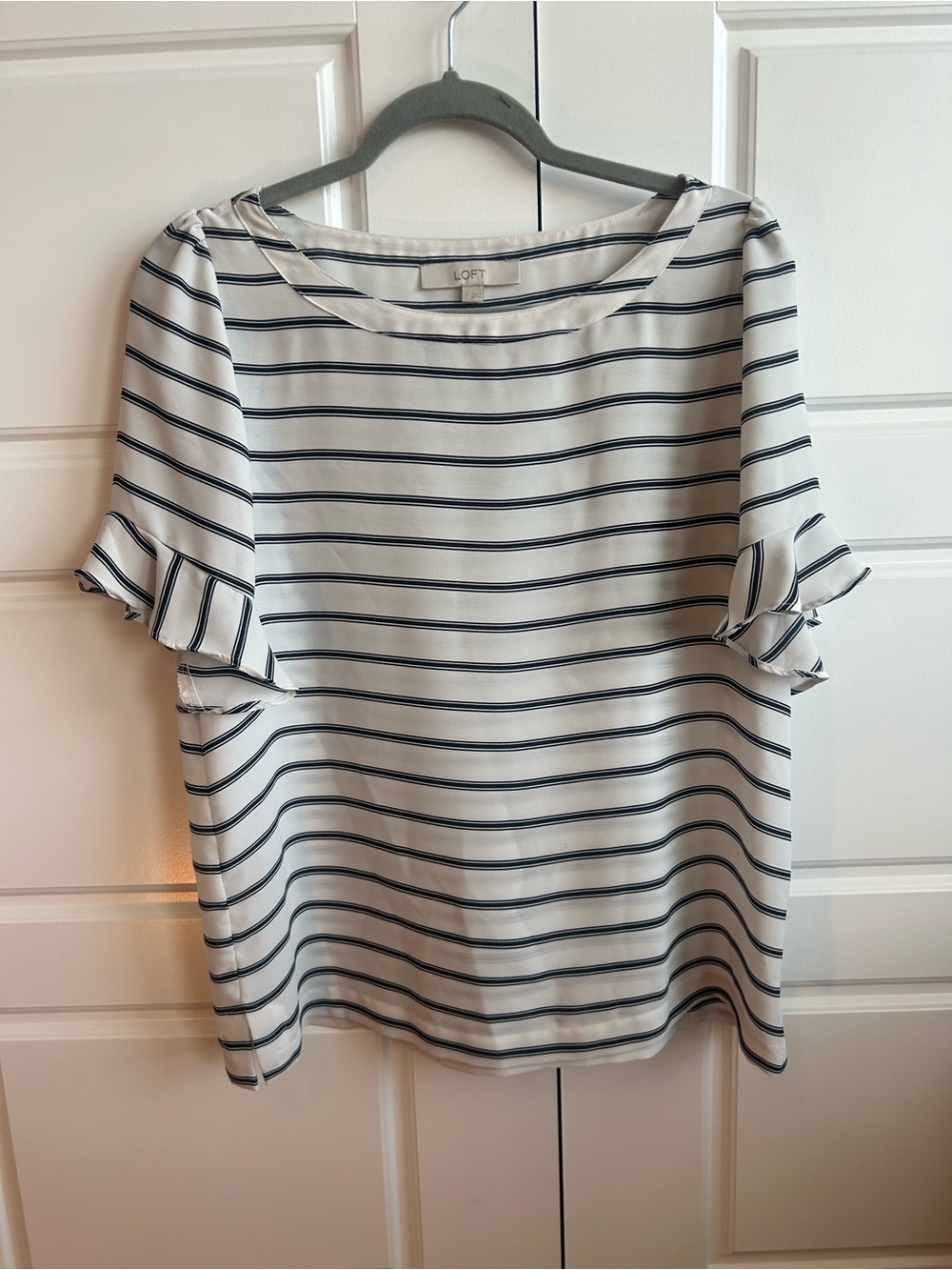 LOFT Medium Black Stripe Ruffle Sleeve Blouse on White
